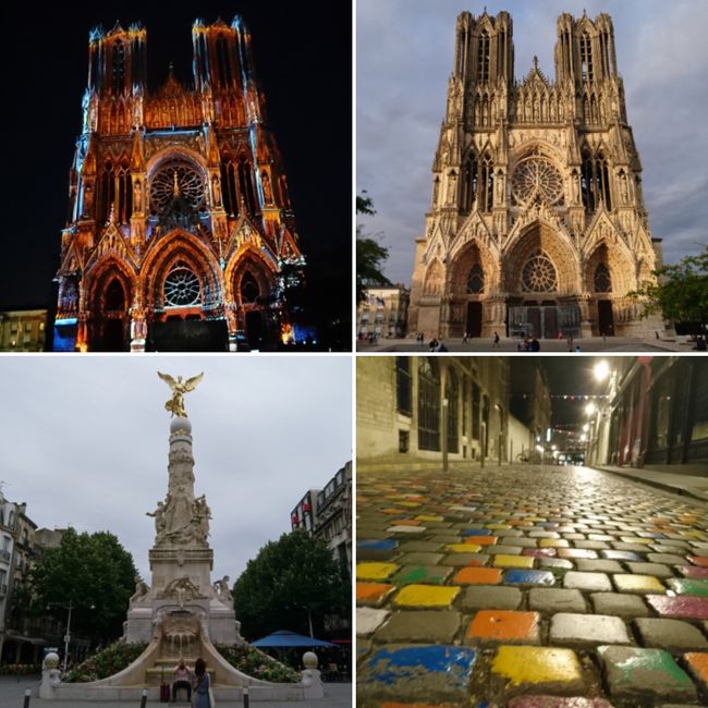 top left: the cathedral during the light show; top right: it is illuminated by the evening sun; bottom left: the peace column in the city center; bottom right: a colorful street scene in the old town 