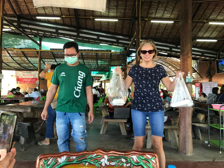 Od and Lisi bring two plastic bags