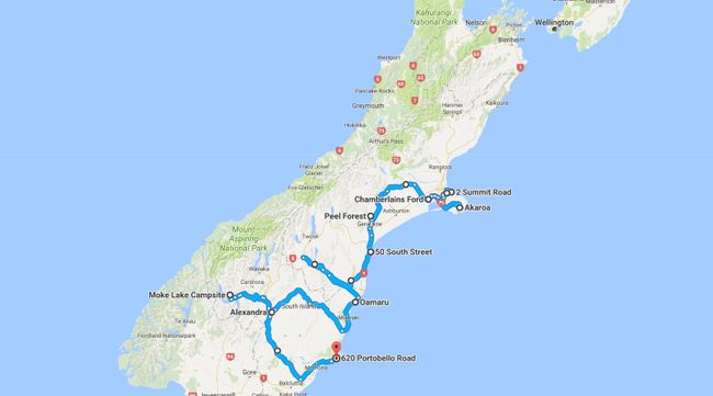 Complete route from Christchurch to Dunedin