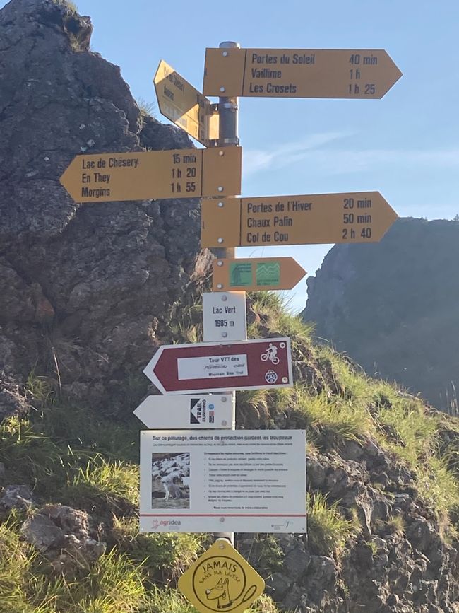 Signpost at the refuge. Our first destination is Col de Cou(x)