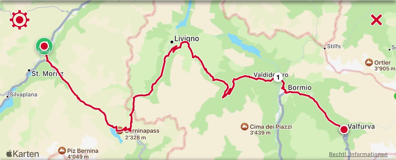 Short report on stage 1 Samedan - Livigno - Bormio - Santa Caterina