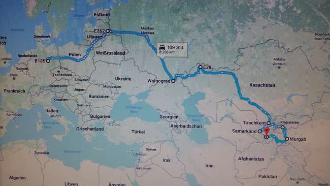 Die geplante Route. Rückreise von Tadjikistan per Linienflug.
