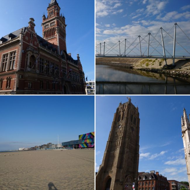 top left: the town hall of Dunkirk; top right: the pedestrian bridge 'Grande Large'; bottom left: the beach; bottom right: the belfry of Dunkirk 