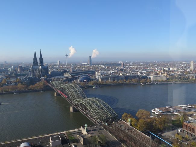 View from the Triangle observation deck with cathedral and Hohenzollern Bridge 