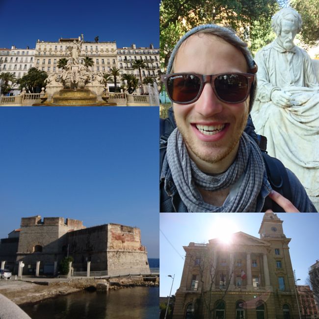 Toulon: On the top left, Palais de Justice; on the bottom left, an old fortress in the harbor; on the top right, me with the Heinrich Heine monument; on the bottom right, a church in the city center