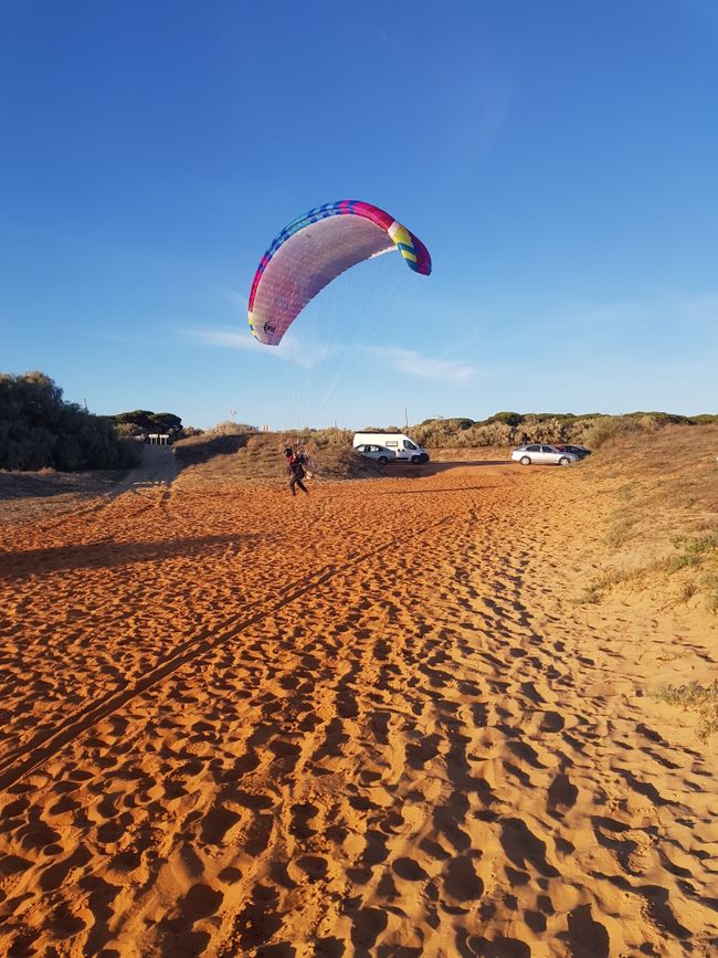 We spent our last night in Spain on the beach where a motorized paraglider took off. 