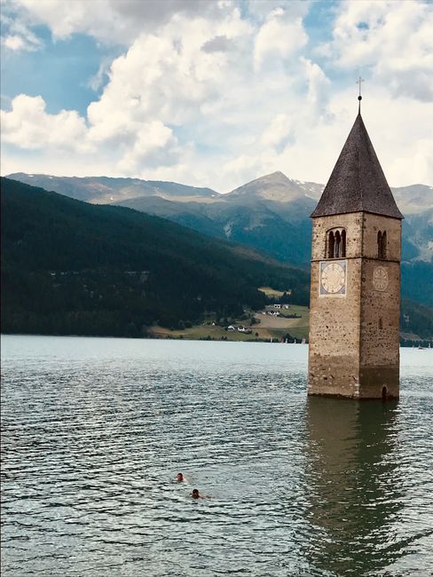 Reschensee with floating church towers