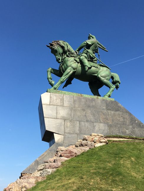 A magnificent equestrian statue watches over Ufa.