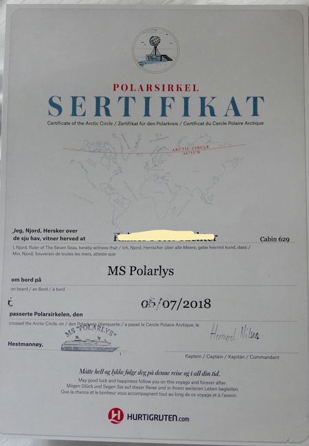 Norway with Hurtigruten // Day 6 // Certificate for successfully crossing the Polar Circle