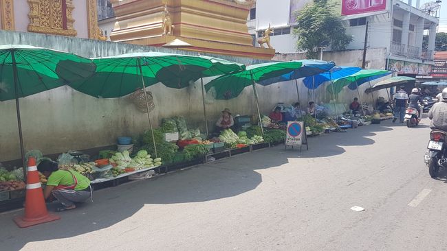 Tagesmarkt in Chiang Rai mit vielen Früchten und Gemüse.