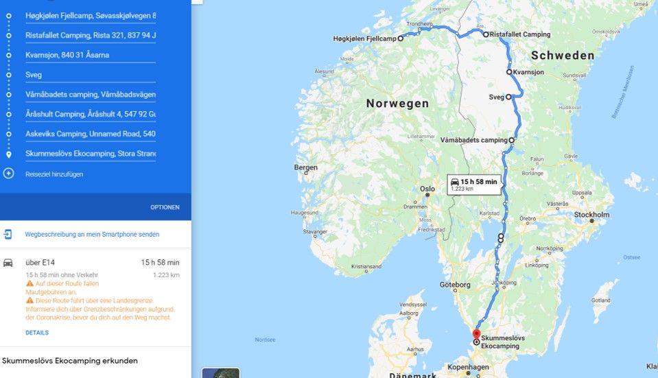 Route in Schweden bis Skummeslövsstrand