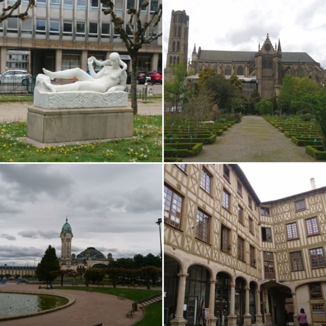 oben links: eine verrückte statue; oben rechts: die kathedrale der stadt; unten links: der bahnhof limoges-bénédictins; unten rechts: ein innenhof in der altstadt mit typisch französischem fachwerk 