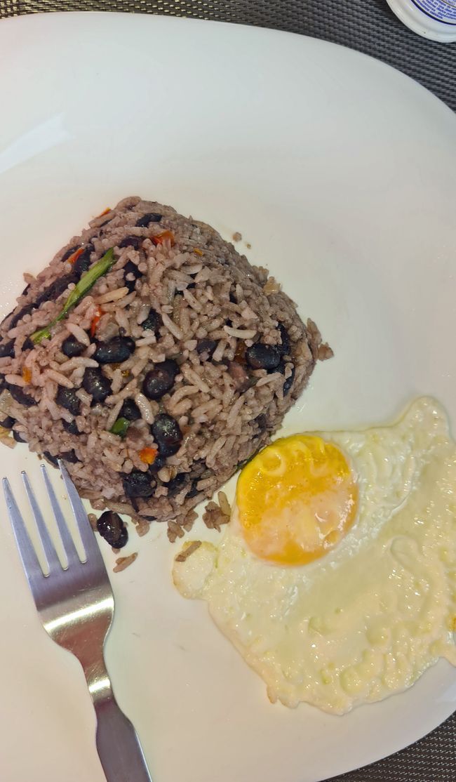 The typical breakfast of Costa Rica called "Gallo Pinto" is somewhat less heavenly.