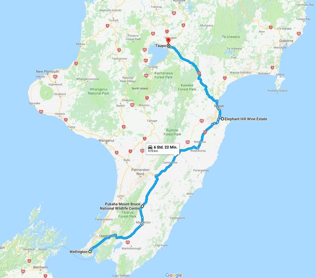 Route from Wellington via Napier to Taupo