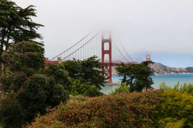 das erste Foto der Golden Gate Bridge ganz klassisch im Nebel