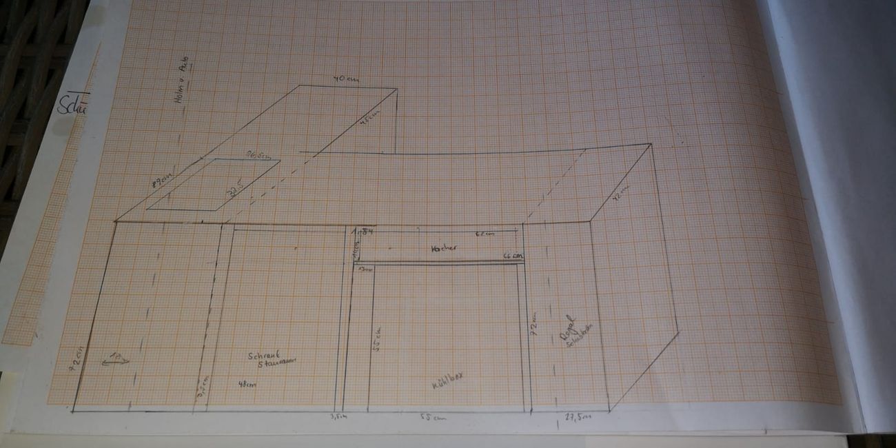 Drawing of the kitchen counter. View from the rear door