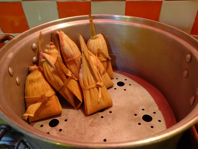 Finished filled tamales in the steamer