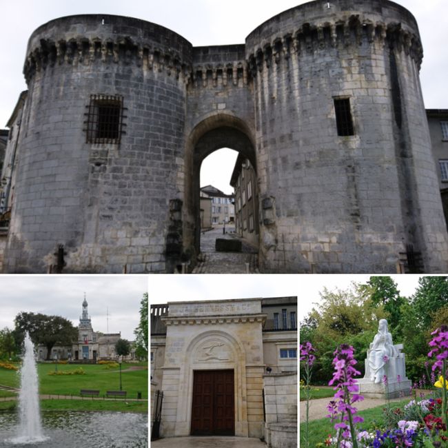 Above: a city gate from the old fortification system; bottom left and right: the Hôtel de Ville with park; bottom center: main entrance of a cognac distillery