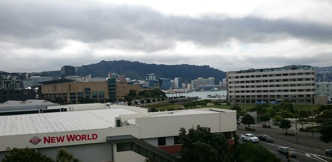 Das hellblauen Gebäude im mittleren linken Bildbereich ist das Te Papa Museum- fotografiert aus unserem Fenster im 4. Stock