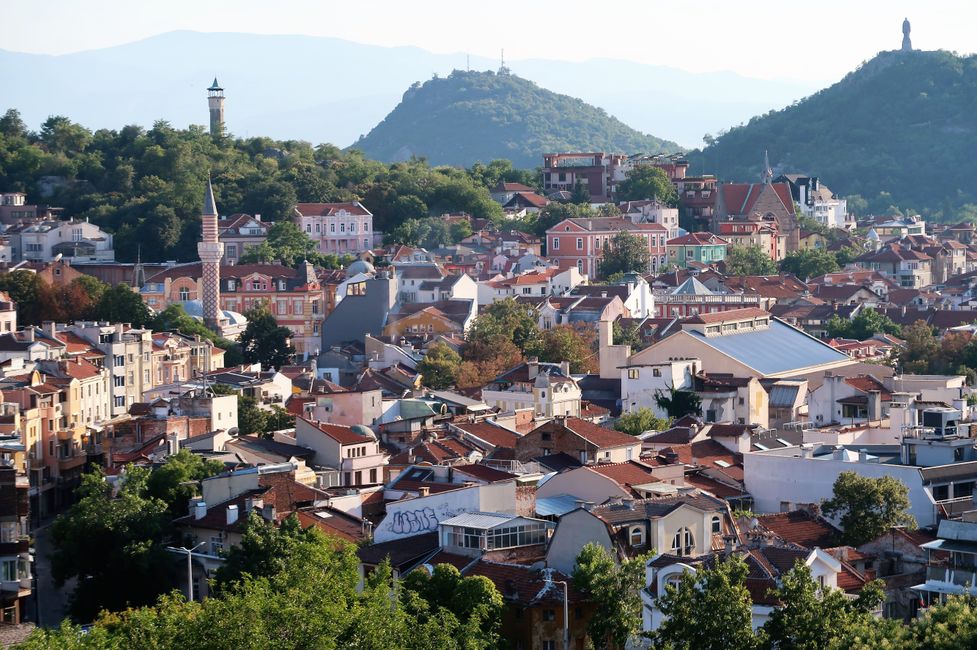 The view from Nebet Tepe over the lower old town to three more of the seven hills of Plovdiv.