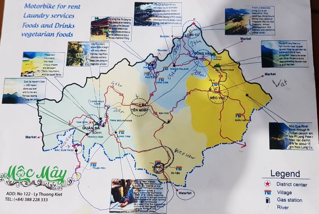 Die Route und die eingezeichneten Sehenswürdigkeiten unterwegs: darunter der Wolkenpass, die Boobs-Hügel, die verschiedenen Pässe und die Grenzübergänge zu China... 