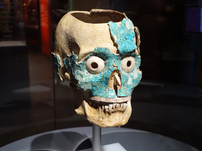 The skull comes from a grave in Monte Alban. The eyes, nose, and upper jaw are made of shells, the plates are made of turquoise (they used to be attached all around), and the lower jaw belonged to a different person than the rest.
