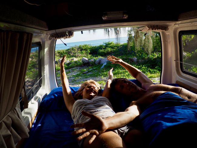 waking up with this view... in our comfy campervan