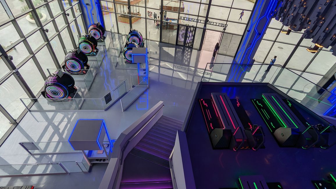 View of treadmills and virtual reality 'eggs'!?