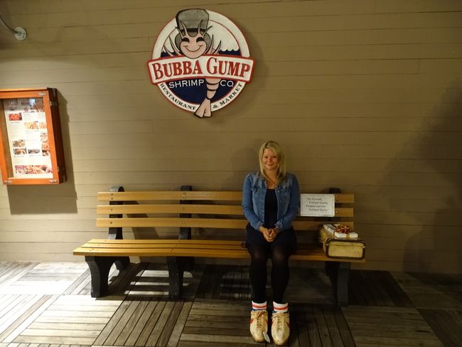 Eating at Bubba Gump Shrimp with a view of the bay
