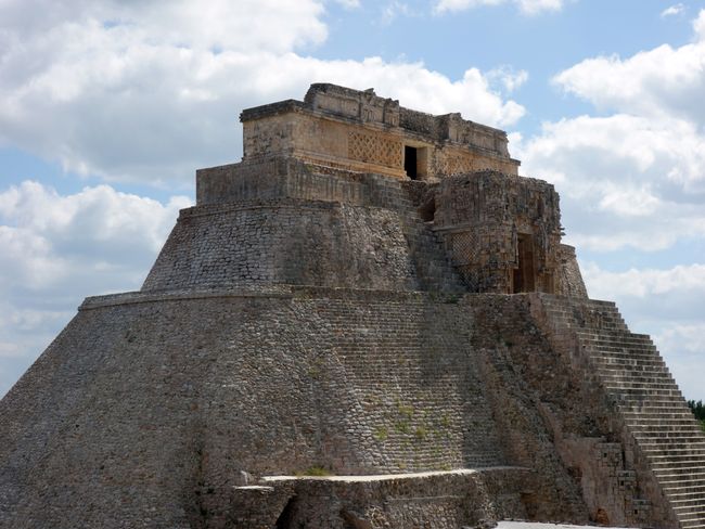 The temples on the oval (?) pyramid in Uxmal.