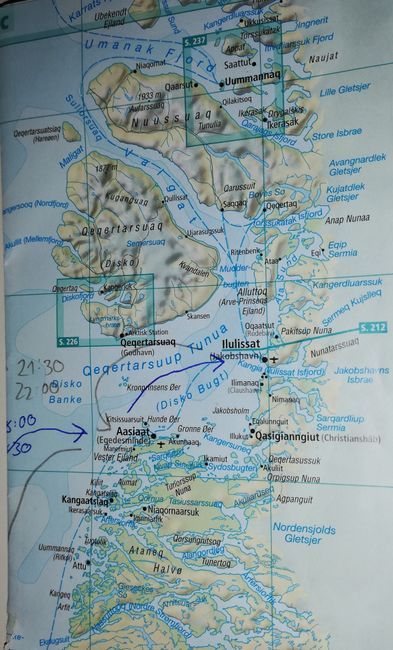Karte der Diskobucht mit Ilulissat, Eqi und Oqaatsut