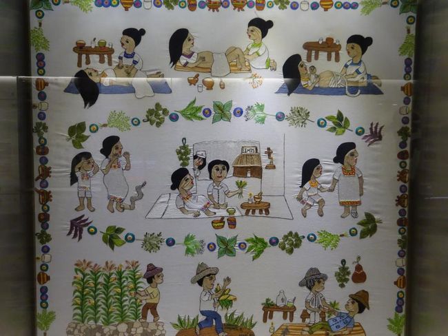 Stickerei, Illustration der Maya-Medizin (Museo Mundo del Maya)