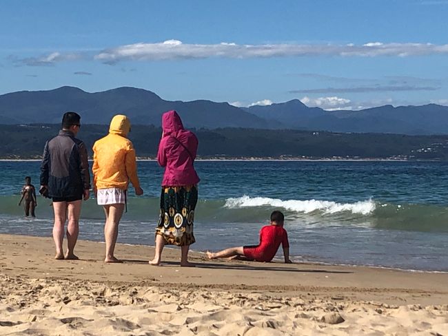 A group of Japanese people wearing jackets and hoods at the beach in 30 degrees