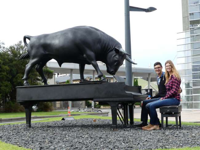 We in front of the bronze bull on a piano - since the 2011 earthquake, a symbol of hope for the residents of Christchurch