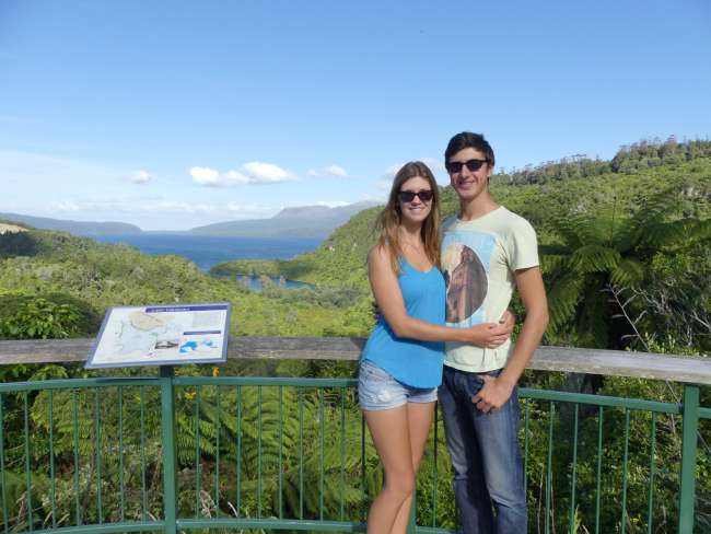 Us in front of Lake Tarawera and Mount Tarawera on the horizon