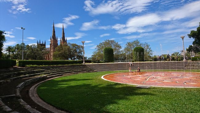 Unser Ausblick im Hyde Park. Im Hintergrund die St. Mary's Cathedral 