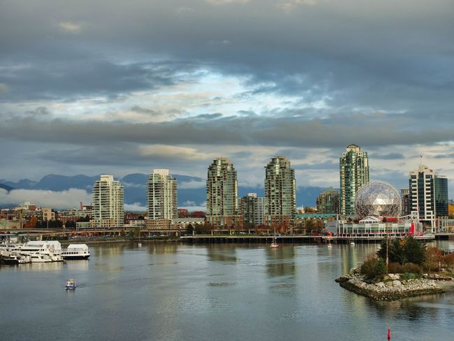 VanCity from Cambie St Bridge, with the 'Science World' sphere on the right