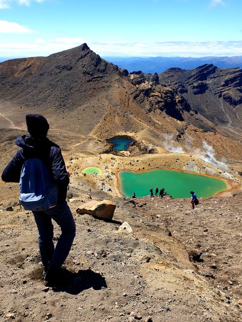 The three emerald green lakes in the mountains on the path of the Tongariro Alpine Crossing 