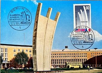 Map for the 25th anniversary of the lifting of the blockade on May 12, 1974 with special stamp and postmark