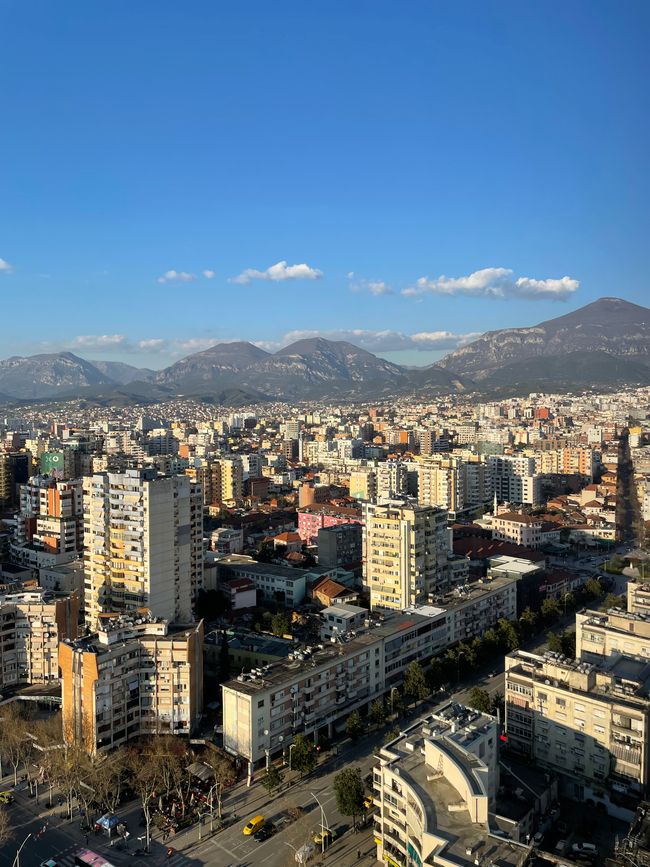 View of Tirana and surroundings from the bar on the 23rd floor of the Plaza Hotel 