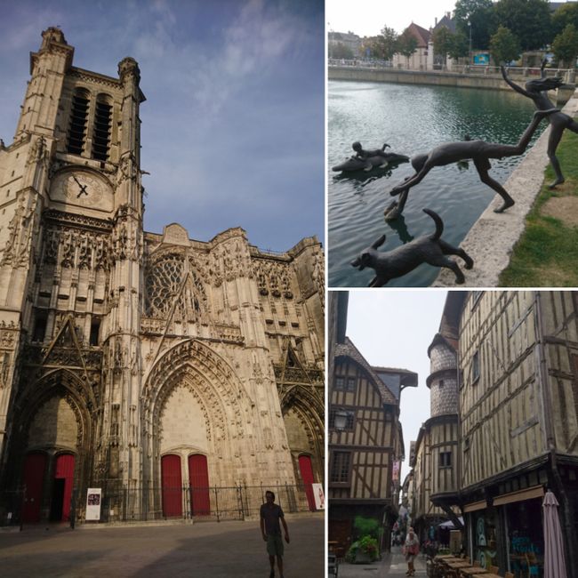 left: the Saint-Pierre Saint-Paul Cathedral; top right: on the 'sculpture trail'; bottom right: old town scene