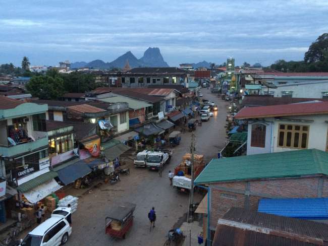 The view from the rooftop terrace overlooking the streets of Hpa-an