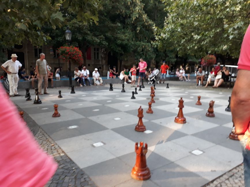 A large chessboard on the waterfront promenade in Bratislava