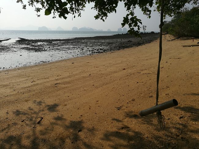 Eine Schaukel am Strand bei Ebbe.