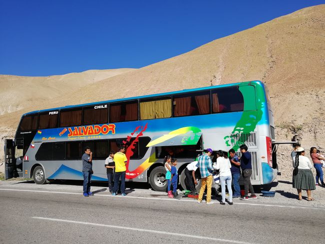 Nach einem Defekt am Bus, fünf Stunden vergeblicher Reperatur, einem Ersatzbus, einer geschlossenen Grenze zu Bolivien und einer kalten Nacht im Bus auf 4300 schwindelerregenden Höhenmetern an der Grenze, kamen wir mit einer Verspätung von 18 Stunden endlich in La Paz (Bolivien) an. 