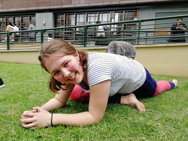 Jessi doing bunny yoga