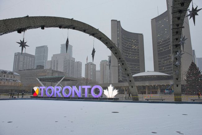 Nathan Phillips Square in the snowfall
