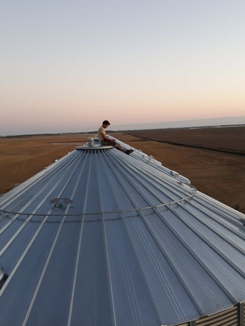 Aaron on one of the huge bins. Each holds about 1000 tons. Kurt can store a total of 25000 tons of grain!
