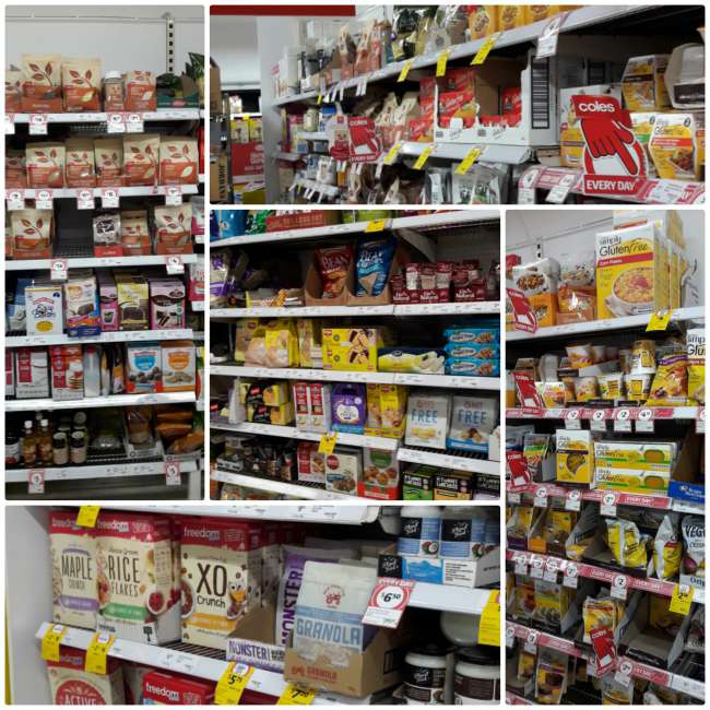 Part of the gluten-free section at Coles supermarket