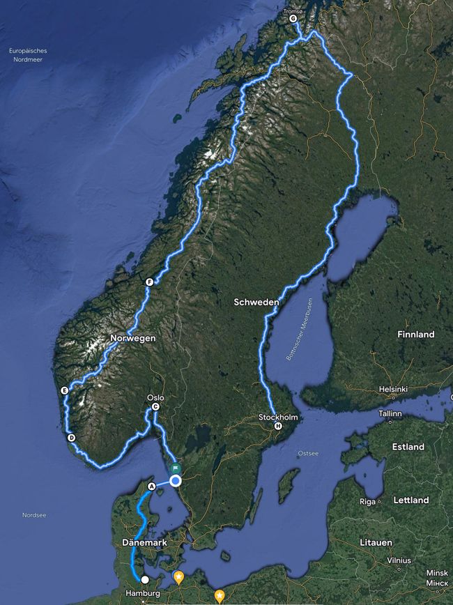 Unsere grobe Route für Skandinavien